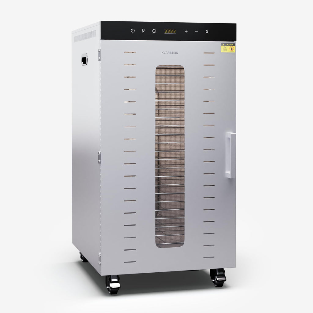 Klarstein Dörrautomat Edelstahl – 4.000-W-Dörrgerät, 48 Edelstahl-Einlegeböden, 30–90 °C, 24-Stunden-Timer, 6 Ventilatoren, 2 Trockenkammern, 50–55 dB, ideal für Obst, Gemüse, Fleisch, Kräuter, Silber