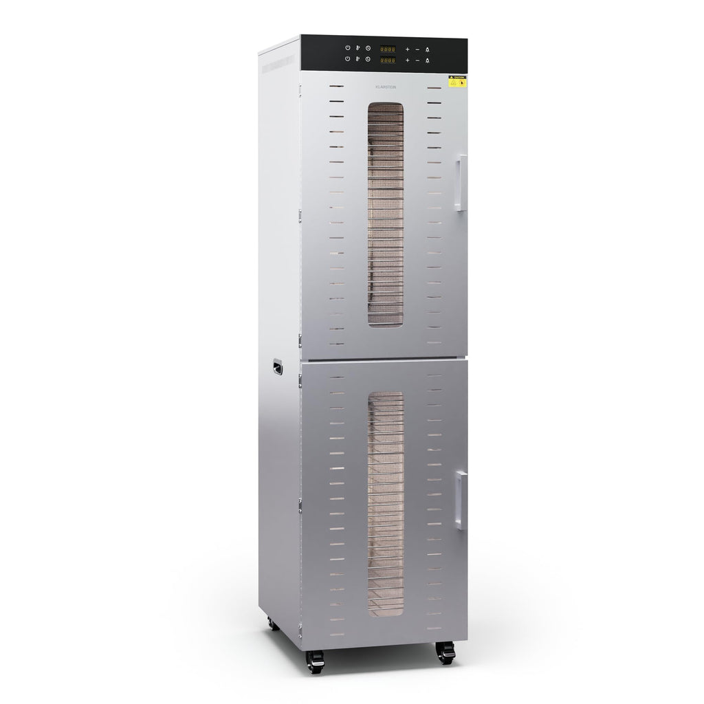 Klarstein Dörrautomat Edelstahl – 4.000-W-Dörrgerät, 48 Edelstahl-Einlegeböden, 30–90 °C, 24-Stunden-Timer, 6 Ventilatoren, 2 Trockenkammern, 50–55 dB, ideal für Obst, Gemüse, Fleisch, Kräuter, Silber