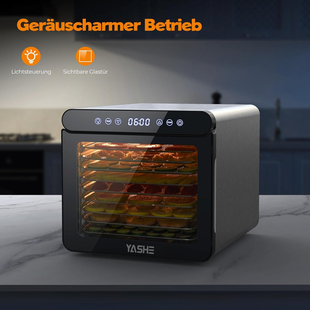 YASHE Stainless Steel Dehydrator with Digital Control (Temperature up to 75°C, Timer up to 48 Hours), 9 Trays Dehydrator for Fruit and Vegetables, Rear Fan for 360° Air Circulation, 800 W