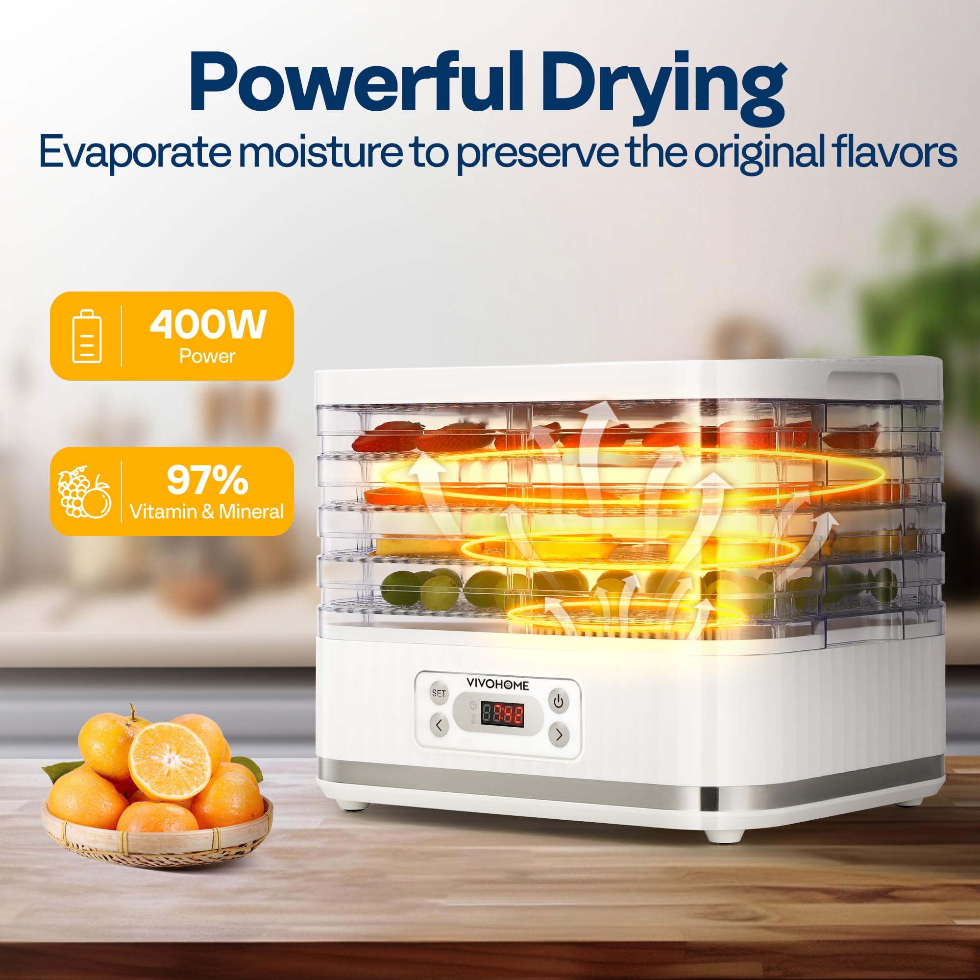 VIVOHOME Dörrautomat mit 8 Einlegefächern 400W BPA frei Dörrgerät mit Temperaturregler von 35°C bis 70°C inkl.72H Timer und Rezept für Fleisch,Obst,Haustier-Leckereiene